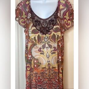 Vintage Floral Lace Blouse 90s Y2K Paisley Brown Gold Red Orange Cream Size XL